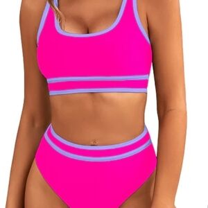 Athletic Pink and Blue Bikini with High-Waisted Design